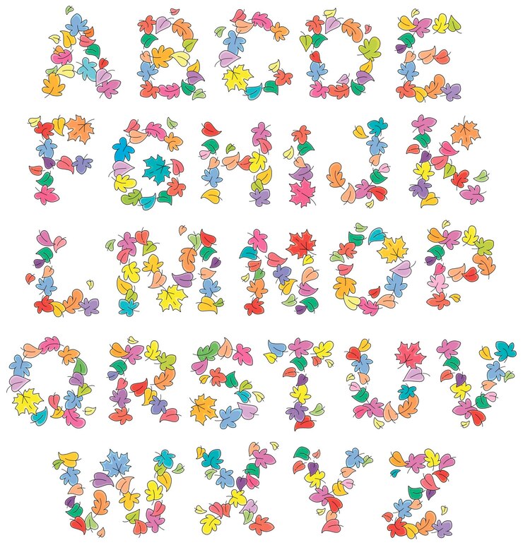 Funny cartoonish letters of English alphabet with colorful autumn leaves