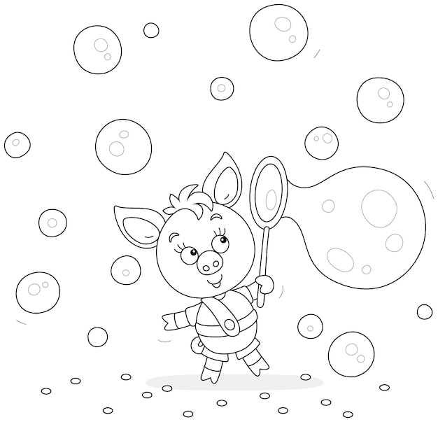 Vector funny cartoony little piglet blowing soap bubbles