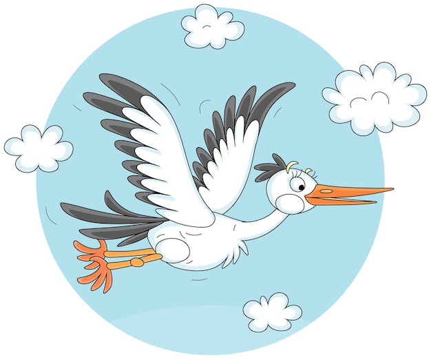 Vector funny cartoony white stork flying among white clouds in the blue sky