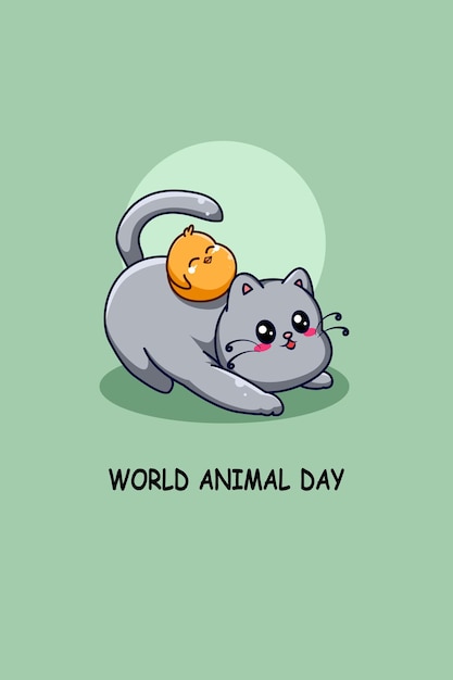 Забавный кот и утка в иллюстрации шаржа всемирного дня животных
