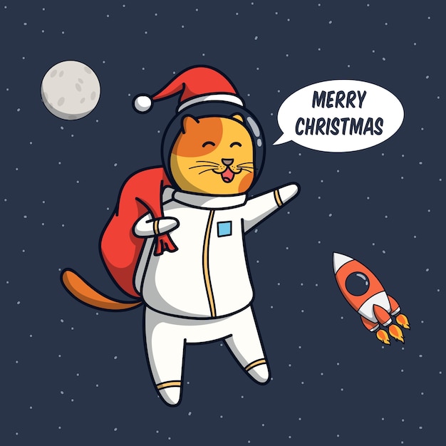 Funny cat astronaut illustration with christmas concept