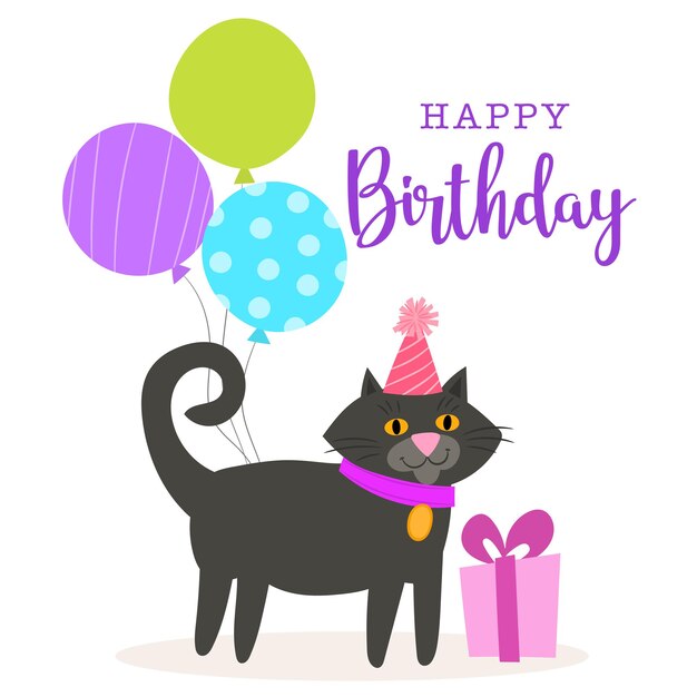 Vector funny cat in a cap celebrates birthday