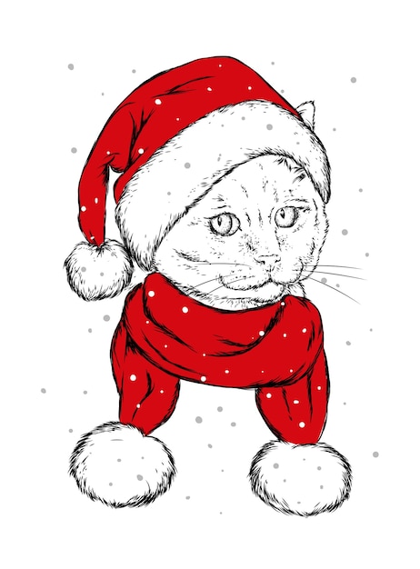 Vector funny cat in a christmas hat and scarf.