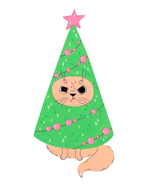 クリスマスツリーの衣装で面白い猫。正月イラスト