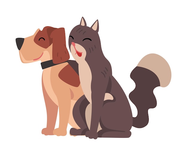 Vector funny cat and dog sitting together happy pets animals characters are best friends vector