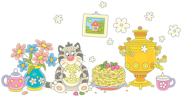 Funny cat eating tasty pancakes and drinking sweet tea on a kitchen table with a hot samovar