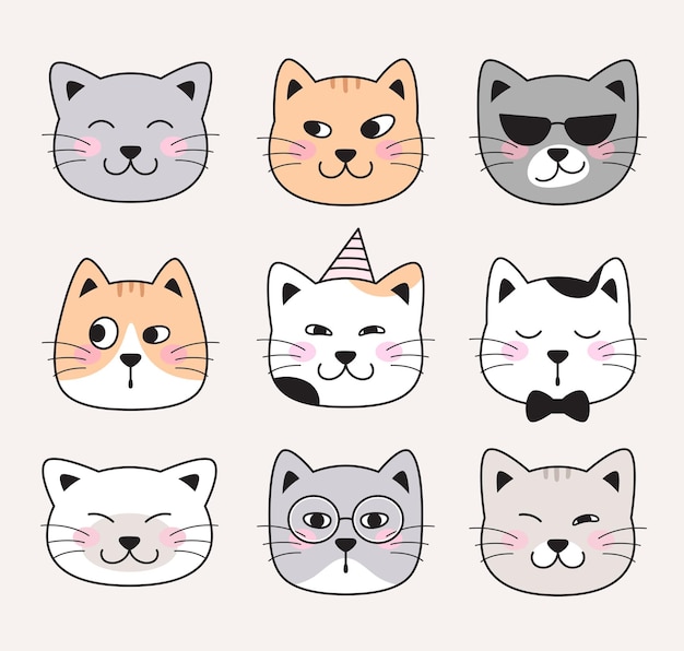 Vector funny cat faces animal character pet heads doodle illustrations cartoon comic style drawings