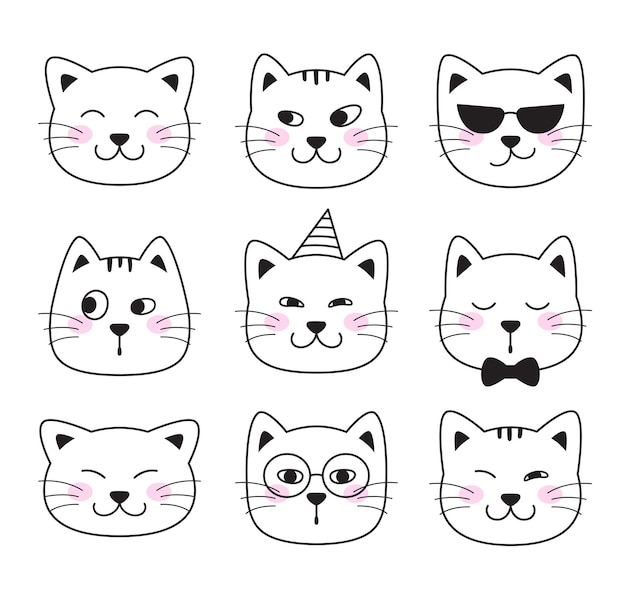 Funny cat faces Animal character pet heads Doodle illustrations cartoon comic style drawings
