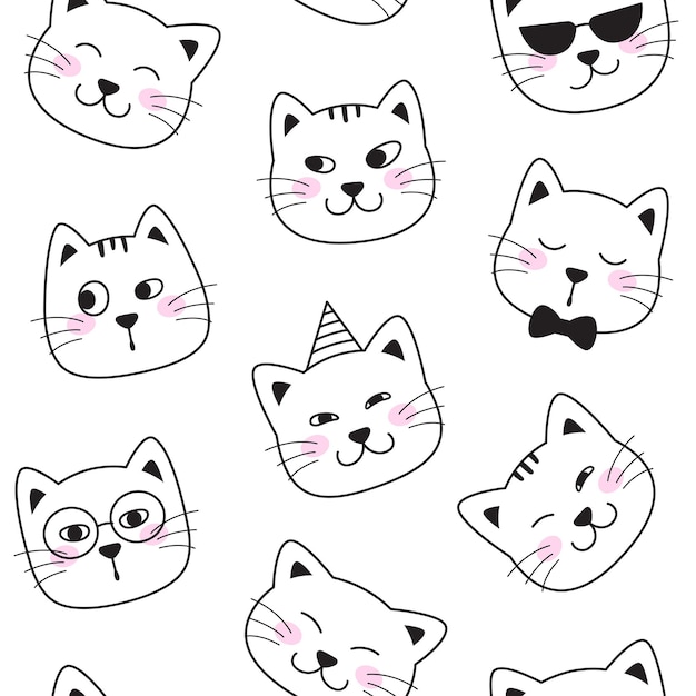Vector funny cat faces seamless pattern background animal pet heads doodle illustrations cartoon drawings