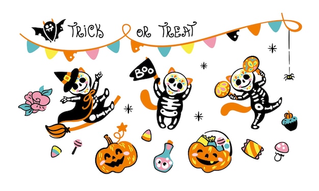 Vector funny cat in halloween skeleton costume. vector illustration. halloween party.