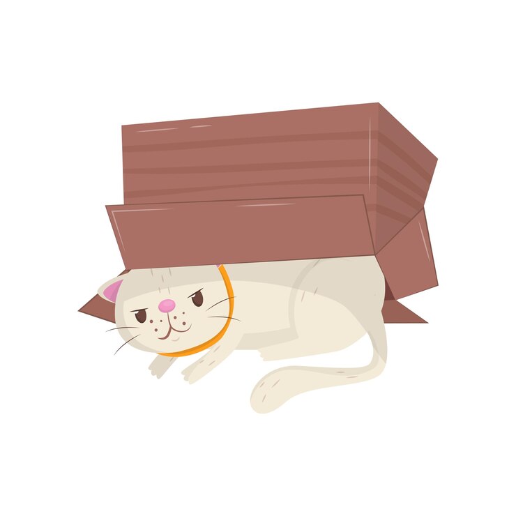 Vector funny cat hiding under cardboard box kitten with cunning muzzle expression domestic animal flat vector element for poster or sticker