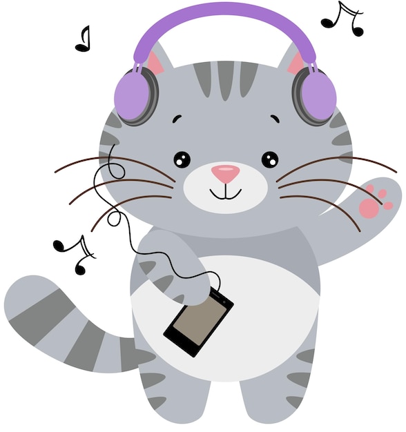 Funny cat listening music with headphones