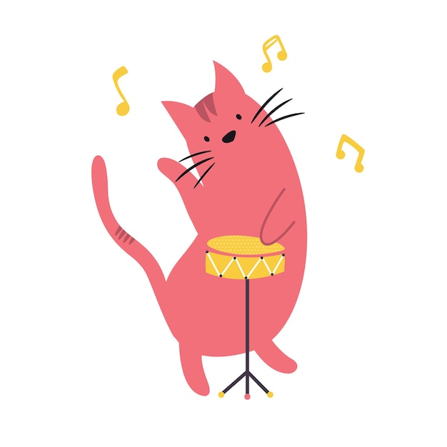 Funny cat playing the drums Vector illustration