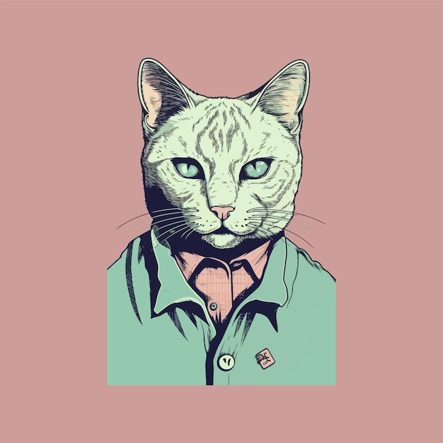 재미있는 고양이 초상화 2D 빈티지 터 일러스트레이션 티셔츠 로고 디자인