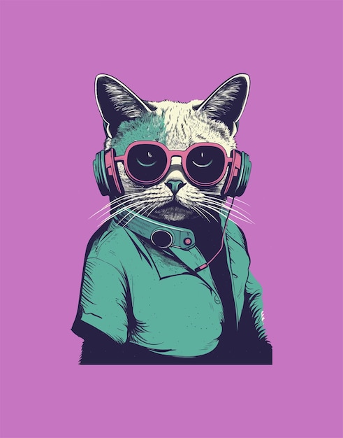 funny cat portrait 2D vintage vector illustration t shirt logo design