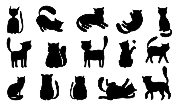 Funny cat silhouettes. Black cats play and hunt, lie and jump.