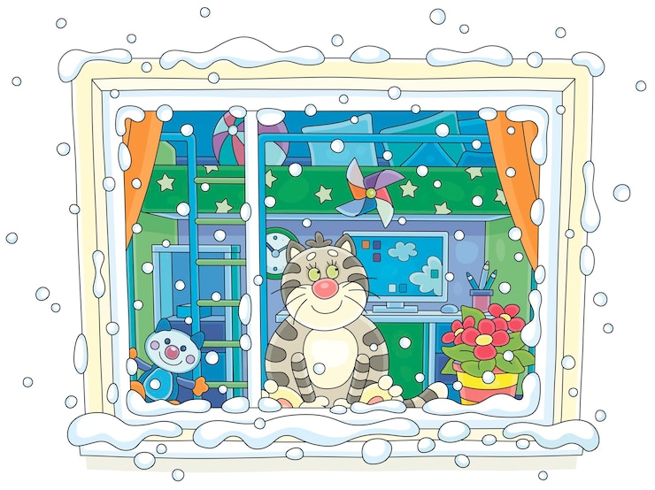 Vector funny cat on a windowsill watching merry swirling snowflakes outside a window on a fine winter day