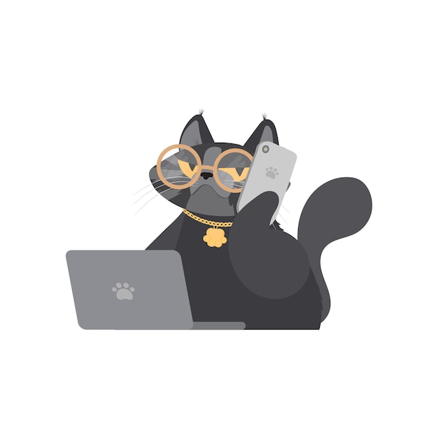 안경을 쓴 재미있는 고양이는 노트북에 앉아 스마트폰 스티커를 들고 있습니다 스티커 티셔츠와 엽서 격리 벡터에 적합합니다.