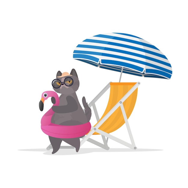 Vector funny cat with a pink flamingo-shaped rubber ring. deckchair, parasol.