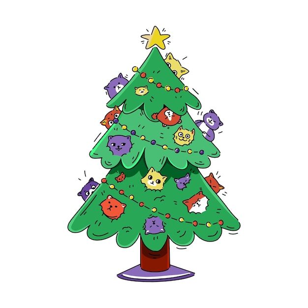 Gatti divertenti sull'albero di natale in stile doodle