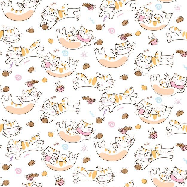 Funny cats and coffee cup seamless pattern background