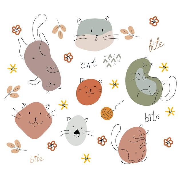 Gatti divertenti in diverse pose gattini semplici da macchie e linee cute animal print illustrazione vettoriale isolata su sfondo bianco