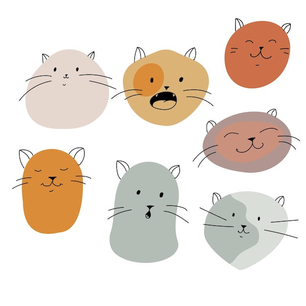 Смешные кошки в разных позах Простые котята из пятен и линий Милый животный принт Векторная иллюстрация на белом фоне