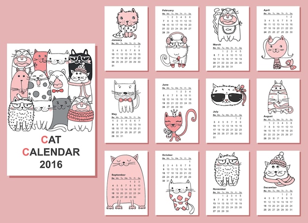 Смешные кошки каракули Набор из 9 рисованных персонажей в разных позах Элементы дизайна для печати наклеек, поздравительных открыток, футболки, плаката, изолированного на заднем плане