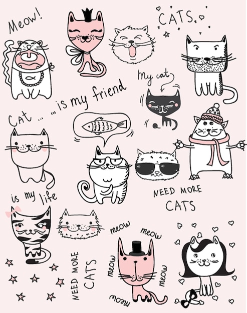 Funny cats doodles set of 9 hand drawn characters in different poses design elements for print stickers greeting cards tshirt poster isolated on the background