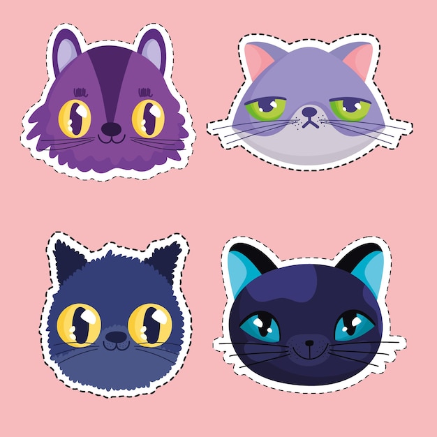 Vector funny cats face cartoon animals stickers pet vector illustration