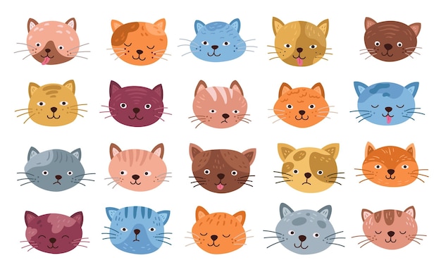 Facce di gatti divertenti testa di gatto isolata cute gattino sorrisi di cartoni animati piccoli animali piatti emoji espressive emozioni felici di animali set di vettori esatti