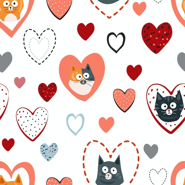 Funny cats in hearts vector seamless pattern