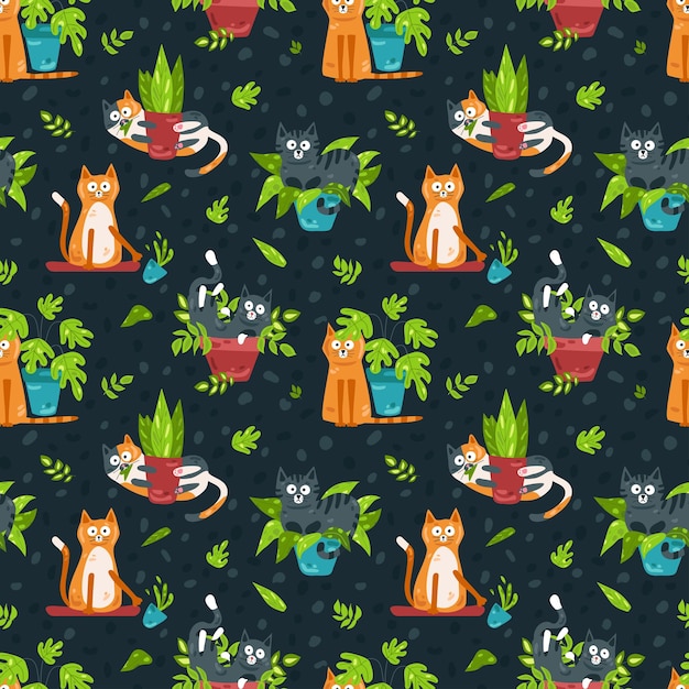 Vector funny cats and potted flowers cats are pranksters colorful seamless pattern