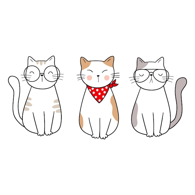 Gatti divertenti con gli occhiali e una bandama stile cartone animato illustrazione vettoriale adorabile animale scarabocchio