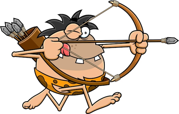Вектор Забавный персонаж мультфильма о пещерном человеке, бегущий с луком и стрелой во время прицеливания