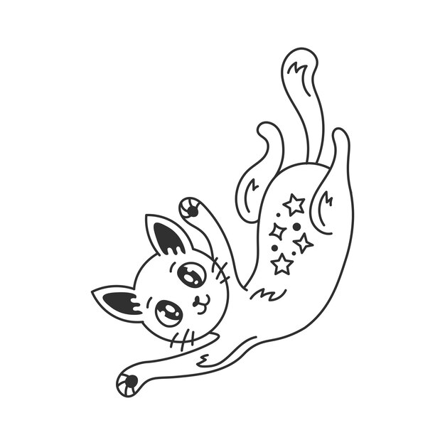 Funny celestial cat with stars in doodle style