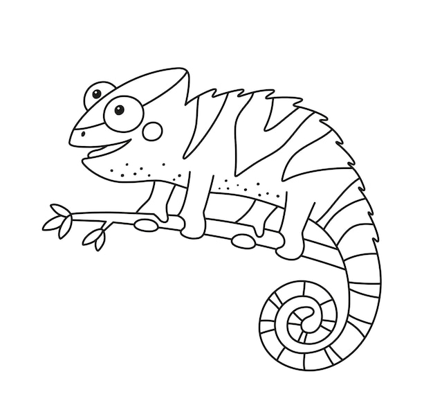 Забавный персонаж-хамелеон ящерица для детской книжки-раскраски. Рептилия с изогнутым хвостом сидит на ветке дерева джунглей. Отдельные векторные иллюстрации на белом фоне.