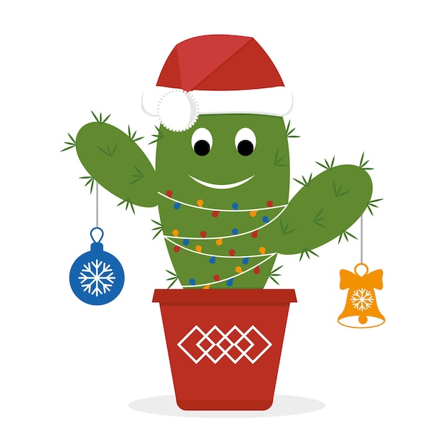 Вектор Забавный персонаж рождественский кактус с гирляндой в шляпе санты, цветные векторные иллюстрации.