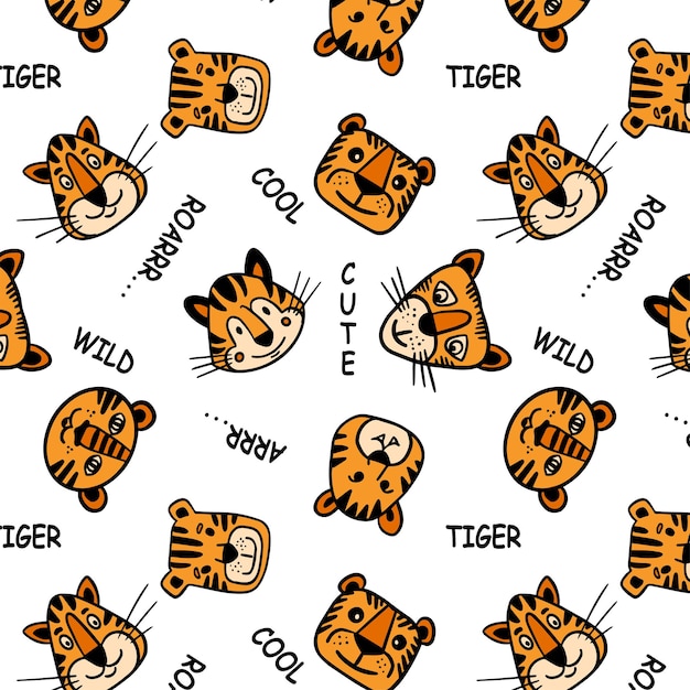 Funny character doodle tiger Seamless color pattern with handdrawn lettering New year symbol of 2022