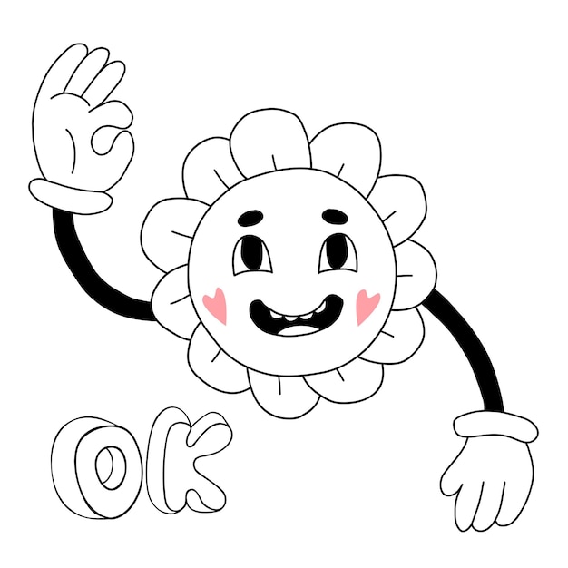 Personaggio divertente elemento groovy funky flower power con gesto delle mani guantate ok doodle lineare disegnato