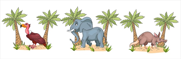 Vettore personaggi divertenti animali avvoltoio, elefante, oritteropo con palme in stile cartone animato.