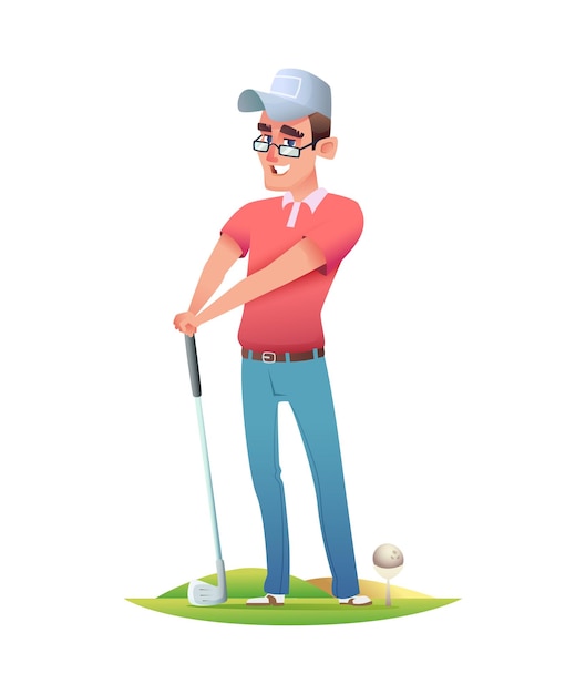 Funny cheerful golfer standing at the golf course Cartoon character design illustration