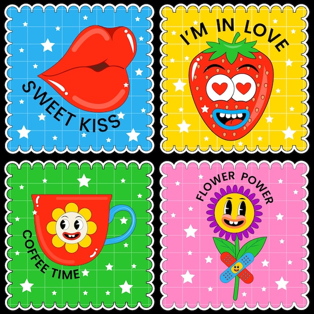 Funny cheerful trendy retro style comic cartoon characters sticker pack.