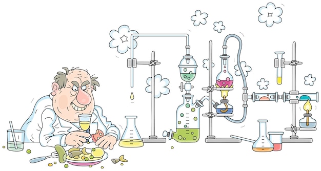 Vector funny chemist with a glass and a plate with appetizer during production of alcohol in a laboratory