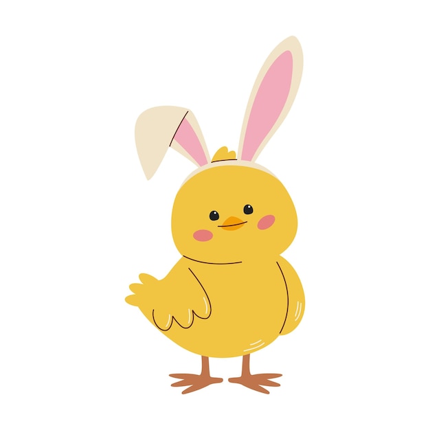 funny chick wearing rabbit ears isolated on white background flat vector illustration