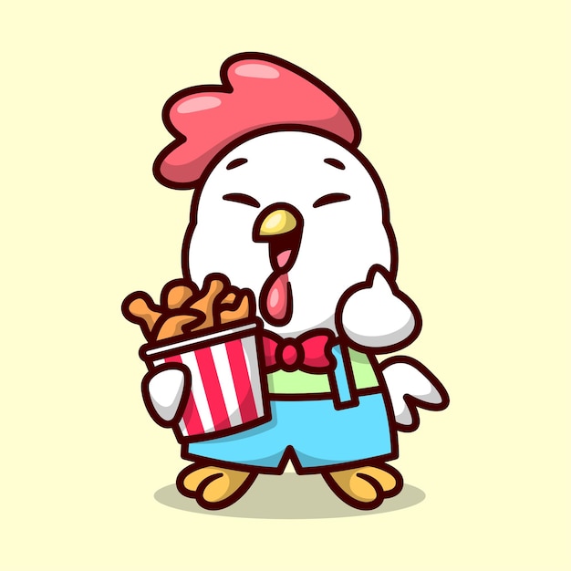 funny chicken with uniforM is bringing a bucket of fried chicken and smiling high quality mascot