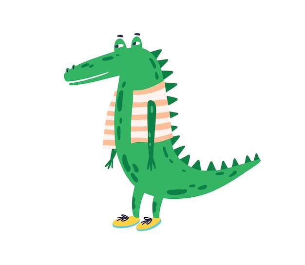 Funny childish crocodile in shoes and vest vector flat illustration. Cute friendly alligator standing isolated on white background. Smiling green exotic predator or tropical reptile.