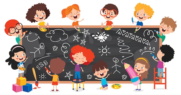 Funny children drawing on blackboard