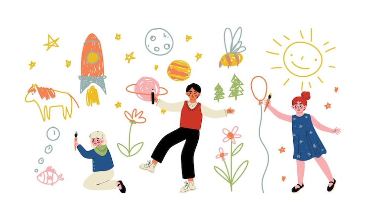Vector funny children drawing on the wall with brush and crayons vector set