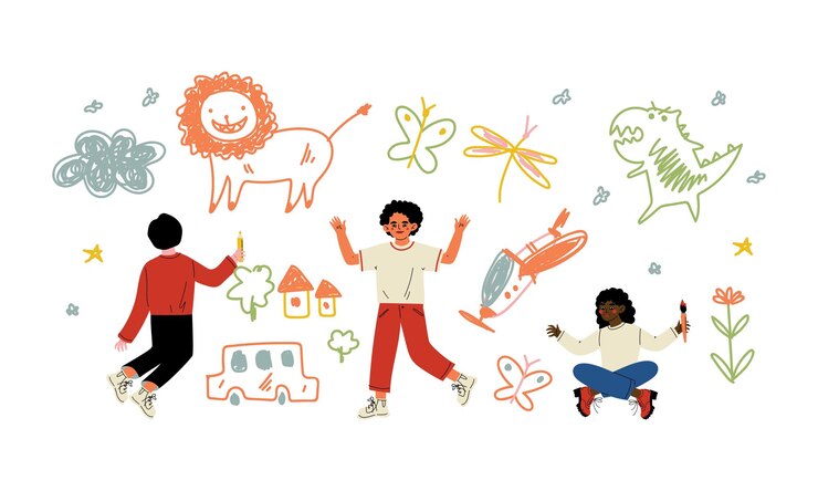 Vector funny children drawing on the wall with brush and crayons vector set